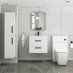 Royal Bathrooms Turin Gloss White 600mm Wall Hung Vanity Unit 2 Drawer With Minimalist Basin Sink & Matt Black Handles - thumbnail 2