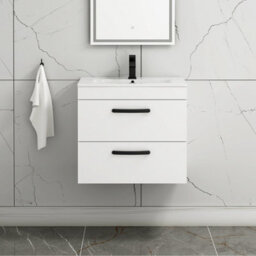Royal Bathrooms Turin Gloss White 600mm Wall Hung Vanity Unit 2 Drawer With Minimalist Basin Sink & Matt Black Handles - thumbnail 1
