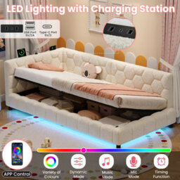 Abrihome Beige 3Ft Single Boucle Side Hydraulic Ottoman Bed, Rgb Led, Charging Station, Hexagon Tufted Headboard, 2 Assembly Options - thumbnail 4