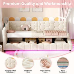 Abrihome Beige 3Ft Single Boucle Side Hydraulic Ottoman Bed, Rgb Led, Charging Station, Hexagon Tufted Headboard, 2 Assembly Options - thumbnail 3