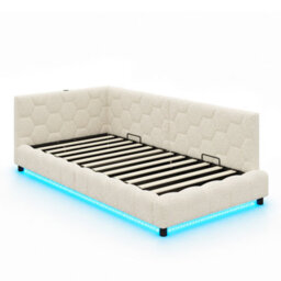 Abrihome Beige 3Ft Single Boucle Side Hydraulic Ottoman Bed, Rgb Led, Charging Station, Hexagon Tufted Headboard, 2 Assembly Options - thumbnail 9