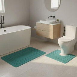 2 Piece Box Design Bath Mat Set Soft Absorbent Non-Slip Bathroom Mats Teal - thumbnail 1