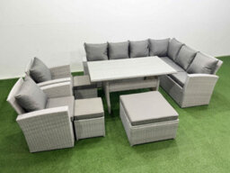 Fimous Rattan Garden Furniture Set Outdoor 11 Seater Patio Dining Corner Sofa Sets With Dining Table Chair 3 Footstools Light Grey - thumbnail 1