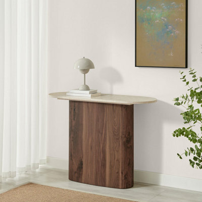 Furniturebox Uk Penrose Rounded Walnut Wood & Marble Effect Console Table - image 1