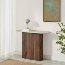 Furniturebox Uk Penrose Rounded Walnut Wood & Marble Effect Console Table - thumbnail 2