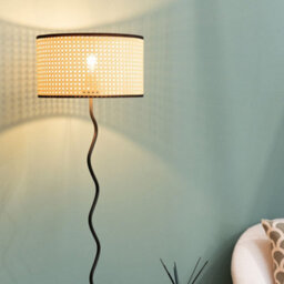 Valuelights Black Metal Wavy Stem Floor Lamp With A Natural Cane Wicker Black Trim Shade - thumbnail 3