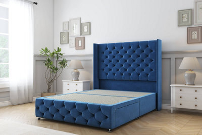 "Sloomy Luthor Navy Plush Divan Bed Base No Drawers-54"" Wingback Headboard & 12"" Footboard 4' Small Double" - image 1