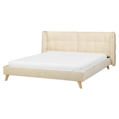 Beliani Bed Velvet Senlis 180 X 200 Cm (Eu Super King) Beige - image 1