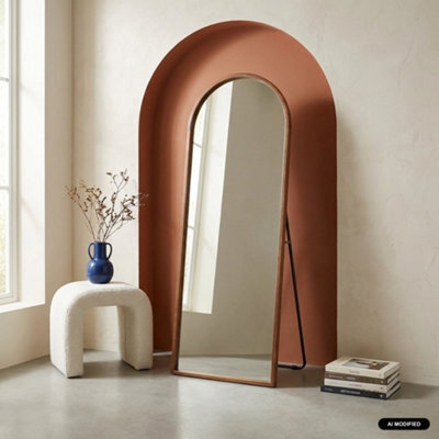 Sweeek - Arched Floor Mirror With Steel Base And Rubberwood Walnut Coloured 170X60 Cm - Liam - image 1