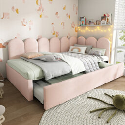 Abrihome Upholstered Bed Daybed With Pull-Out Bed, Bed With Metal Slatted Frame, Velvet, 90X190 Cm, Pink (No Mattress) - thumbnail 8