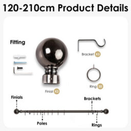 Oxford Homeware Satin Black Nickel Effect Extendable Curtain Pole With Metal Ball Finials, (L)1200mm-2100mm (Dia)28mm - thumbnail 4