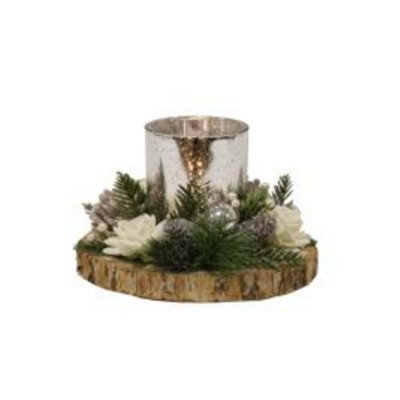 Christmas Tea Light Candle Holder - Silver Holder With White Rose & Pine Cones - image 1