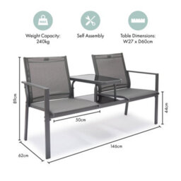 Vonhaus Love Seat For Garden, Grey 2 Seater Textilene Jack & Jill Loveseat, Patio & Companion Set For Outdoor & Terrace, Paris - thumbnail 7