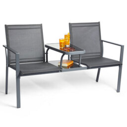 Vonhaus Love Seat For Garden, Grey 2 Seater Textilene Jack & Jill Loveseat, Patio & Companion Set For Outdoor & Terrace, Paris - thumbnail 1
