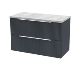 Nuie Hudson Reed Fluted Wall Hung 2-Drawer Vanity Unit & Bellato Grey Laminate Worktop, Counter Top Vanity Unit In Soft Black, 800mm