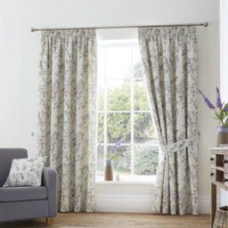 Dreams & Drapes Jazmine 100% Cotton Floral Print Pair Of Heather Pencil Pleat Curtains With Tie-Backs