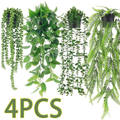 CLEFFNS 4Pcs Fake Hanging Plants With Lush Cascading Greenery Artificial Plants With Black Pots For Bathroom, Kitchen, Living Room Wall - image 1