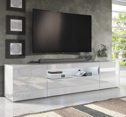 Furneo 200Cm Long Tv Stand Unit Cabinet Matt & High Gloss White Clifton 08 White Led Lights - thumbnail 1