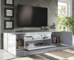 Furneo 200Cm Long Tv Stand Unit Cabinet Matt & High Gloss White Clifton 08 White Led Lights - thumbnail 2