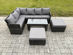 Fimous Rattan Garden Furniture Sets High Back Corner Sofa Oblong Coffee Table Set With 2 Big Footstool - thumbnail 2