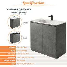 Plum&clay Rigel Concrete Grey Floor Standing Bathroom Vanity Unit With White Basin (W)900mm (H)850mm - thumbnail 4