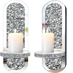 Biznest Set Of 2 Silver Crystal Wall Sconce Candle Holders Mirrored With Crushed Diamond Design 38X11X10 Cm (Oval) - thumbnail 3