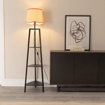 Valuelights Hiru Black 3 Tier Shelf Floor Lamp With Rust Trim Scallop Shade - image 1