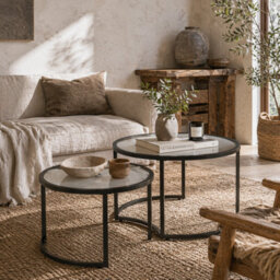 Wyld Haus Nase Set Of 2 Nesting Coffee Tables - Clear Tempered Glass Tops With Black Hairpin Steel Frames