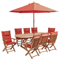 Beliani Maui Ii 8 Seater Garden Dining Set Dark Red Acacia Wood With Parasol
