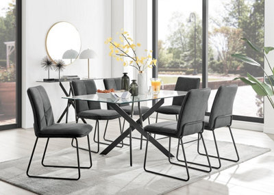 Furniturebox Uk Leonardo Black Leg Glass Dining Table & 6 Dark Grey Halle Chairs - image 1
