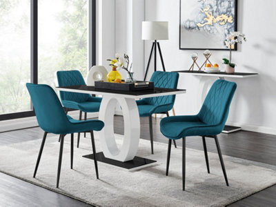 Furniturebox Giovani Rectangular 4 Seat White High Gloss Unique Halo Base Dining Table Black Glass Top 4 Blue Velvet Black Leg Pesaro Chairs - image 1