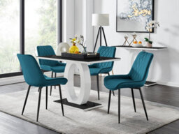 Furniturebox Giovani Rectangular 4 Seat White High Gloss Unique Halo Base Dining Table Black Glass Top 4 Blue Velvet Black Leg Pesaro Chairs