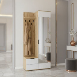 Coral Compact Hallway Wardrobe In Golden Oak White With Mirror Coat Hooks And Storage Cabinet - thumbnail 1