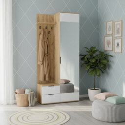 Coral Compact Hallway Wardrobe In Golden Oak White With Mirror Coat Hooks And Storage Cabinet - thumbnail 3