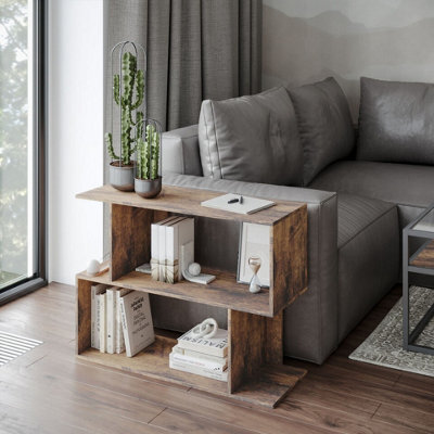 Urbn-Living Urbnliving 80Cm Width Rustic Brown 2-Tier Bookcase Irregular Storage Shelf Wooden Shelving Display Organiser Unit - image 1