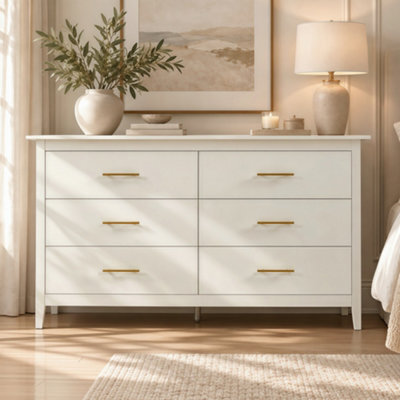 Cream White 6 Drawer Chest with Gold Handles & Raised Legs, 142cm Wide Bedroom Storage Cabinet - image 1