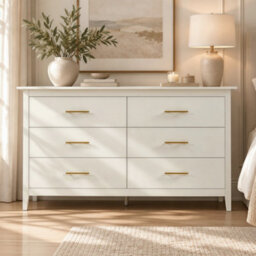 Cream White 6 Drawer Chest with Gold Handles & Raised Legs, 142cm Wide Bedroom Storage Cabinet