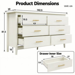Cream White 6 Drawer Chest with Gold Handles & Raised Legs, 142cm Wide Bedroom Storage Cabinet - thumbnail 2