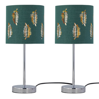 First Choice Lighting Set Of 2 Chrome Stick Table Lamps With Dark Green Fern Cut Out Shades - image 1