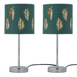 First Choice Lighting Set Of 2 Chrome Stick Table Lamps With Dark Green Fern Cut Out Shades