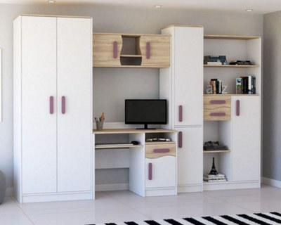 Mathias Youth Bedroom Furniture Set White/violet 5 Piece Wardrobe Desk Bookcase Wall Shelf And Storage - image 1