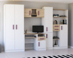 Mathias Youth Bedroom Furniture Set White/violet 5 Piece Wardrobe Desk Bookcase Wall Shelf And Storage - thumbnail 1