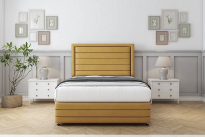 "Sloomy Ashford Mustard Plush Divan Bed Set No Drawers - 54"" Floor Standing  & 12"" Footboard 4'6 Double" - image 1