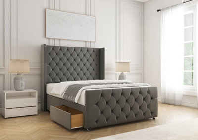 "Bsspoke Divan Bed Set Grey Plush Velvet With 54"" Headboard & 20"" Footboard 2 Drawers Footend & No Mattress In 4Ft 4Ft6 5Ft 6Ft" - image 1