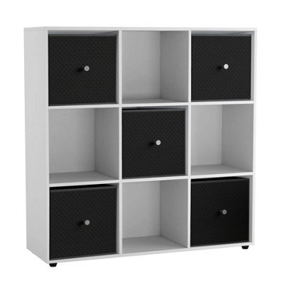 Urbn-Living 9 Cube White Wooden Bookcase Shelving Unit With 5 Collapsible Fabric Drawers Black - image 1