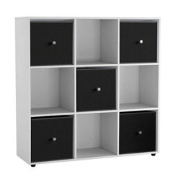 Urbn-Living 9 Cube White Wooden Bookcase Shelving Unit With 5 Collapsible Fabric Drawers Black