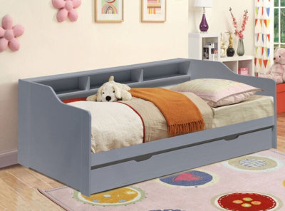 Comfy Living 3Ft Grey Wooden Bed With Trundle With Shelving - image 1