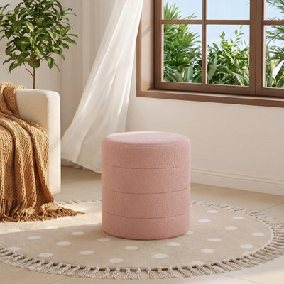 Living And Home Pink Round Teddy Fleece Upholstered Footstool, 43Cm Dia X 46Cm H - image 1