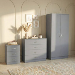 Lassic Vida Designs Riano 3 Piece Bedroom Set (3 Drawer Bedside Chest, 4 Drawer Chest, 2 Door Wardrobe) Grey - thumbnail 2