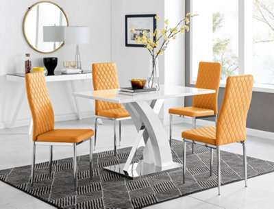 Furniturebox Atlanta White High Gloss And Chrome 4 Seater Dining Table With Statement X Shaped Legs And 4 Mustard Faux Leather Milan Chairs - image 1